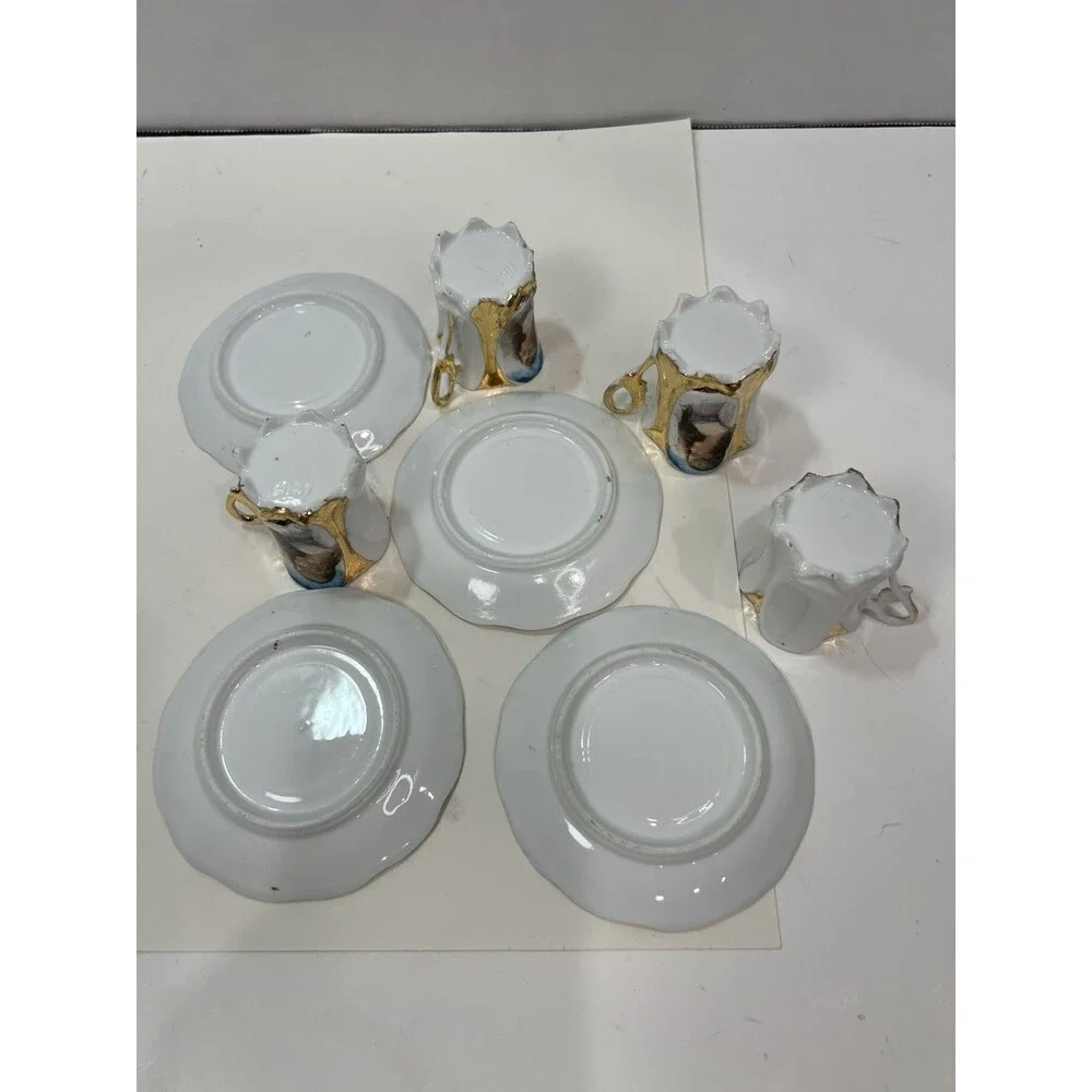 Vintage European Art Nouveau Portrait Demitasse Cups Saucers Mold 1066 Gilding